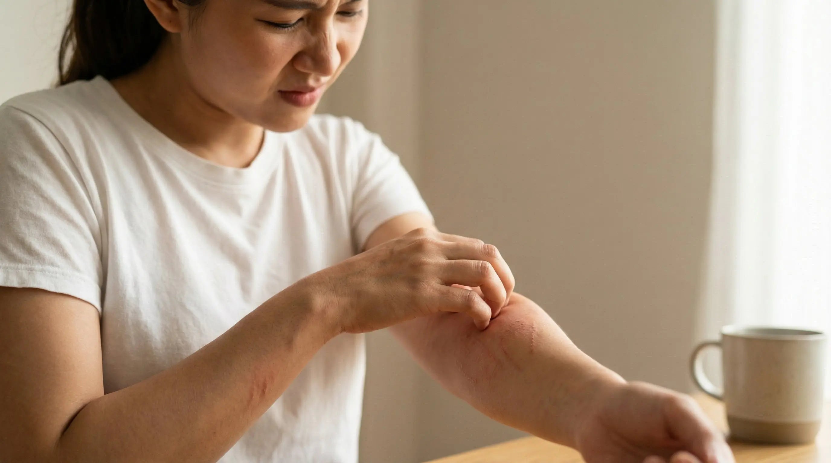 Woman scratching eczema itch on arm - natural itch relief guide