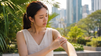 Woman examining her skin on a hot summer day - Heat Rash vs Eczema vs Sweat Hives